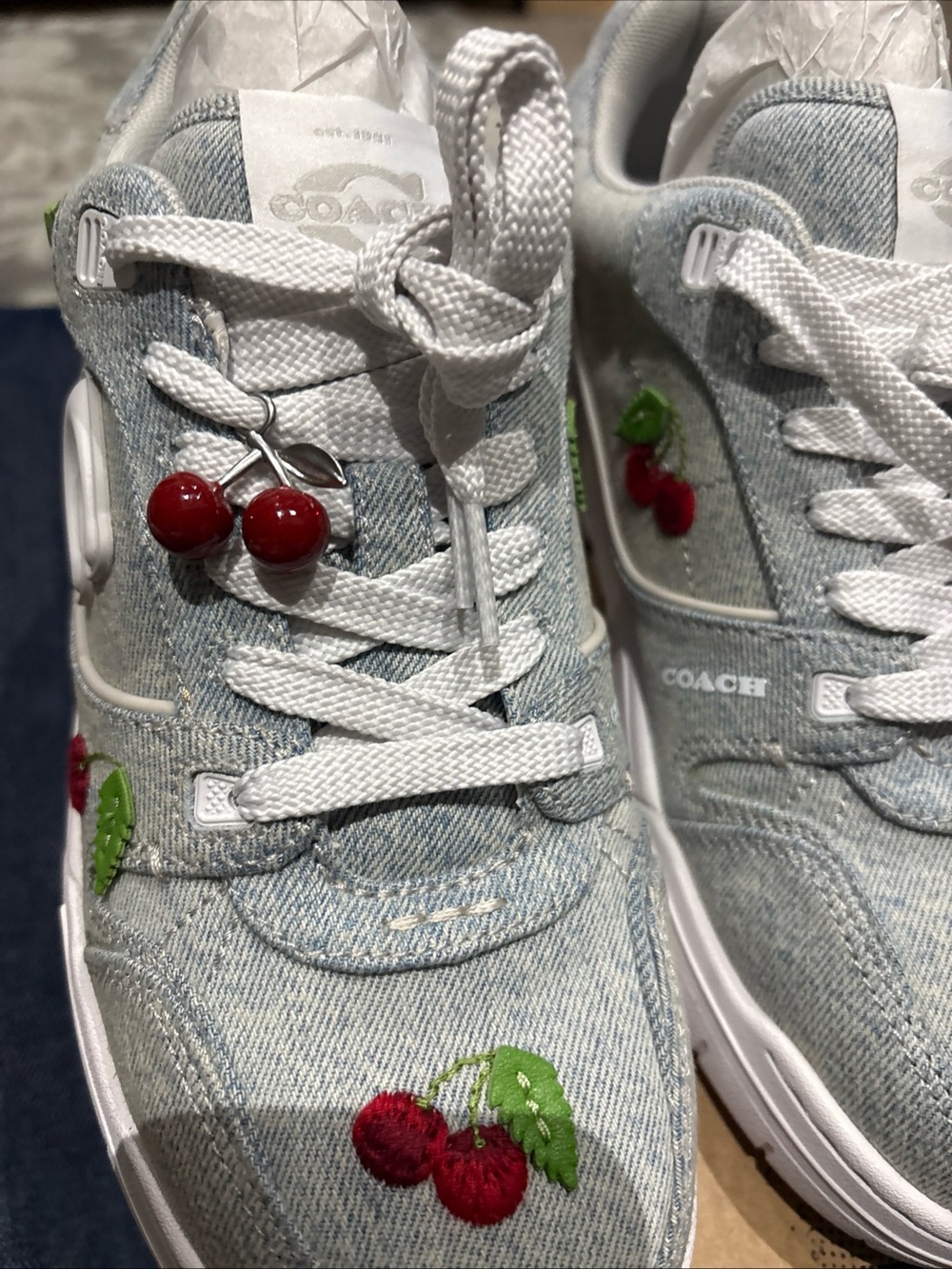 COACH Women's Soho Cherry Charm Ornament Detail Sneakers Denim/Optic White-8 - Picture 5 of 16